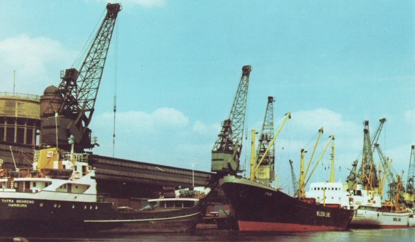 Modern cargo liners in Goole's West Dock (1970s)